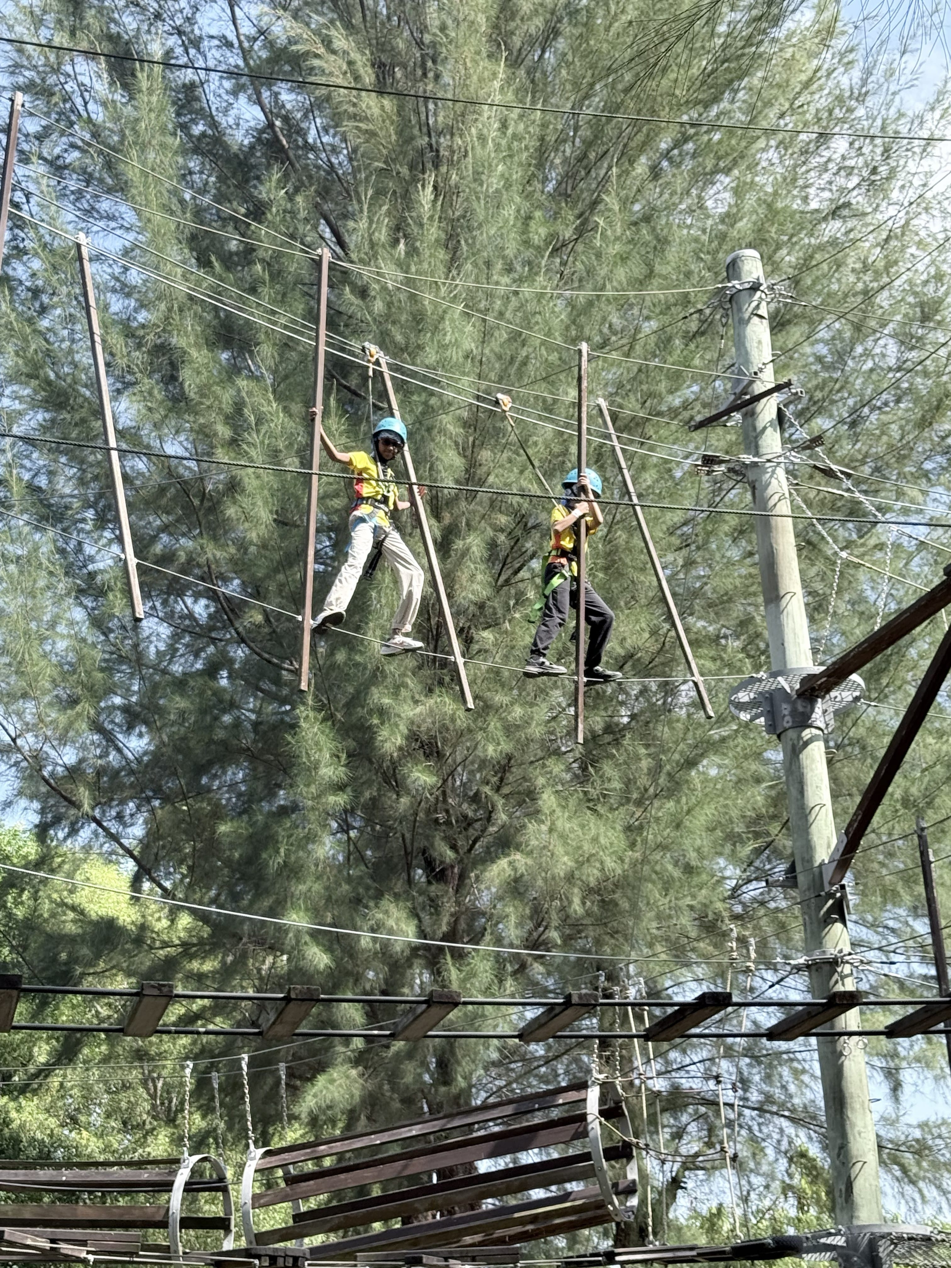 Two students challenging themselves on the high ropes with courage and determination